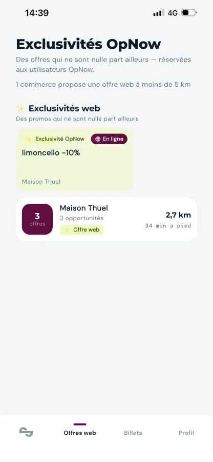 Écran des exclusivités OpNow, tel que les commerçants le voient mis en avant auprès des utilisateurs