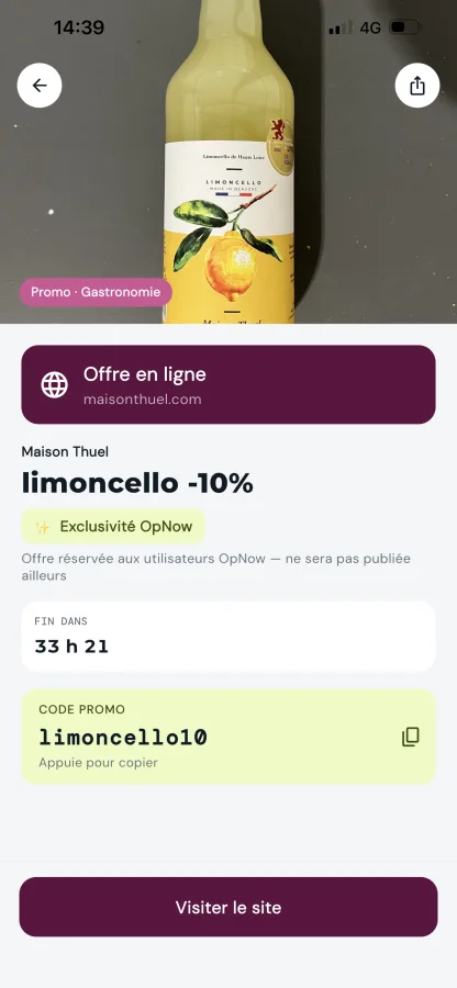 Fiche d'une offre exclusive OpNow dans l'application : détails de l'offre, commerce et bouton de réservation