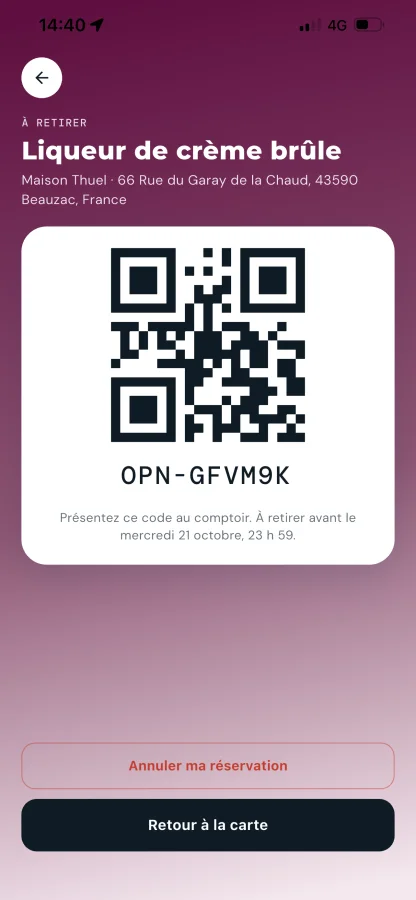 Billet de réservation OpNow avec un QR code à présenter en caisse