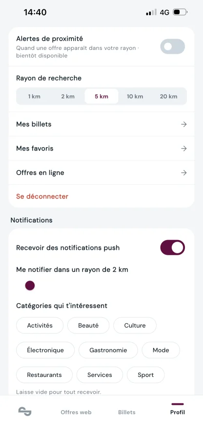 Profil utilisateur OpNow connecté avec accès aux favoris et aux réglages